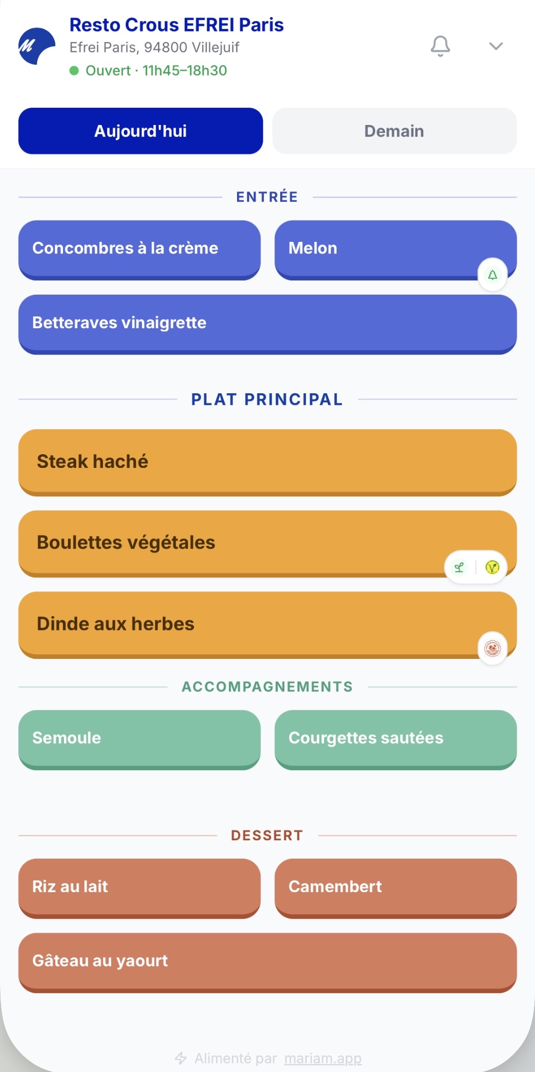 Menu du jour côté étudiants, avec tags alimentaires et certifications